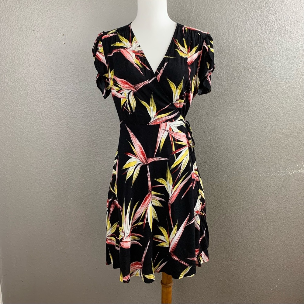 1. State floral bird of paradise short sleeve wrap dress